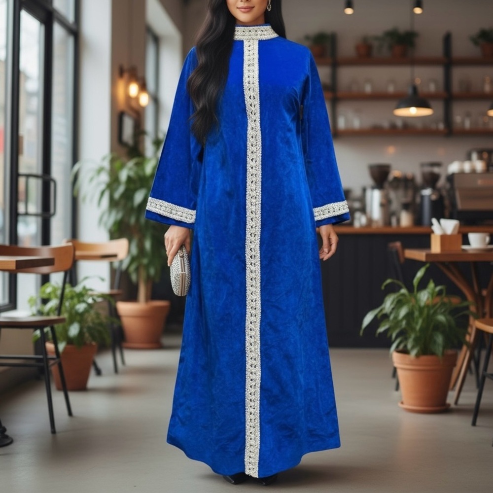 Royal Blue Velvet Cotton 1970s Maxi Caftan House Patio Dress Robe Mod Blue
